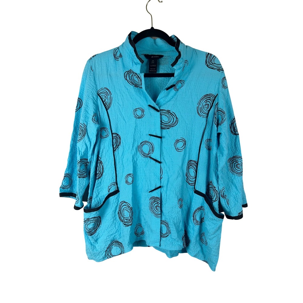 Ali Miles Turquoise Blue Abstract Swirl Crinkle Button Front Blouse Petite Med - Picture 1 of 8
